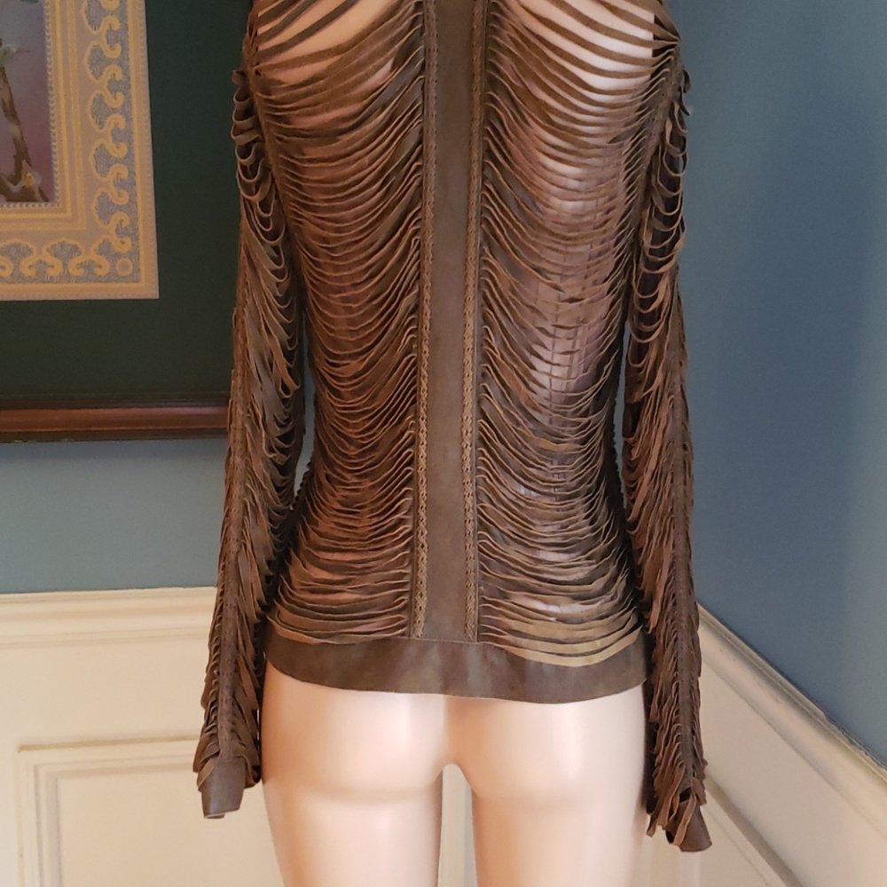 Natto leather shredded slashed mesh fringe jacket - Picture 4 of 12